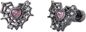 20g Black Web Pink Heart CZ Screw Flat Back Small Stud Earrings for Women Unique Cute 316L Titanium Stainless Steel Animal Cartilage Tragus Tiny Little Piercing Studs Hypoallergenic Fashion Jewelry Halloween Party Gift