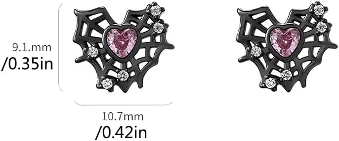 20g Black Web Pink Heart CZ Screw Flat Back Small Stud Earrings for Women Unique Cute 316L Titanium Stainless Steel Animal Cartilage Tragus Tiny Little Piercing Studs Hypoallergenic Fashion Jewelry Halloween Party Gift