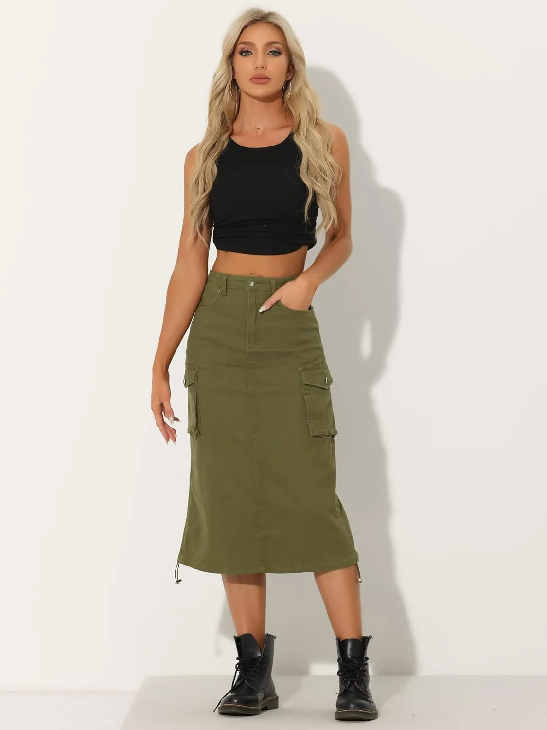 Allegra K Cargo Skirt for Women's Y2K Adjustable Casual A-Line Midi Jean Skirt