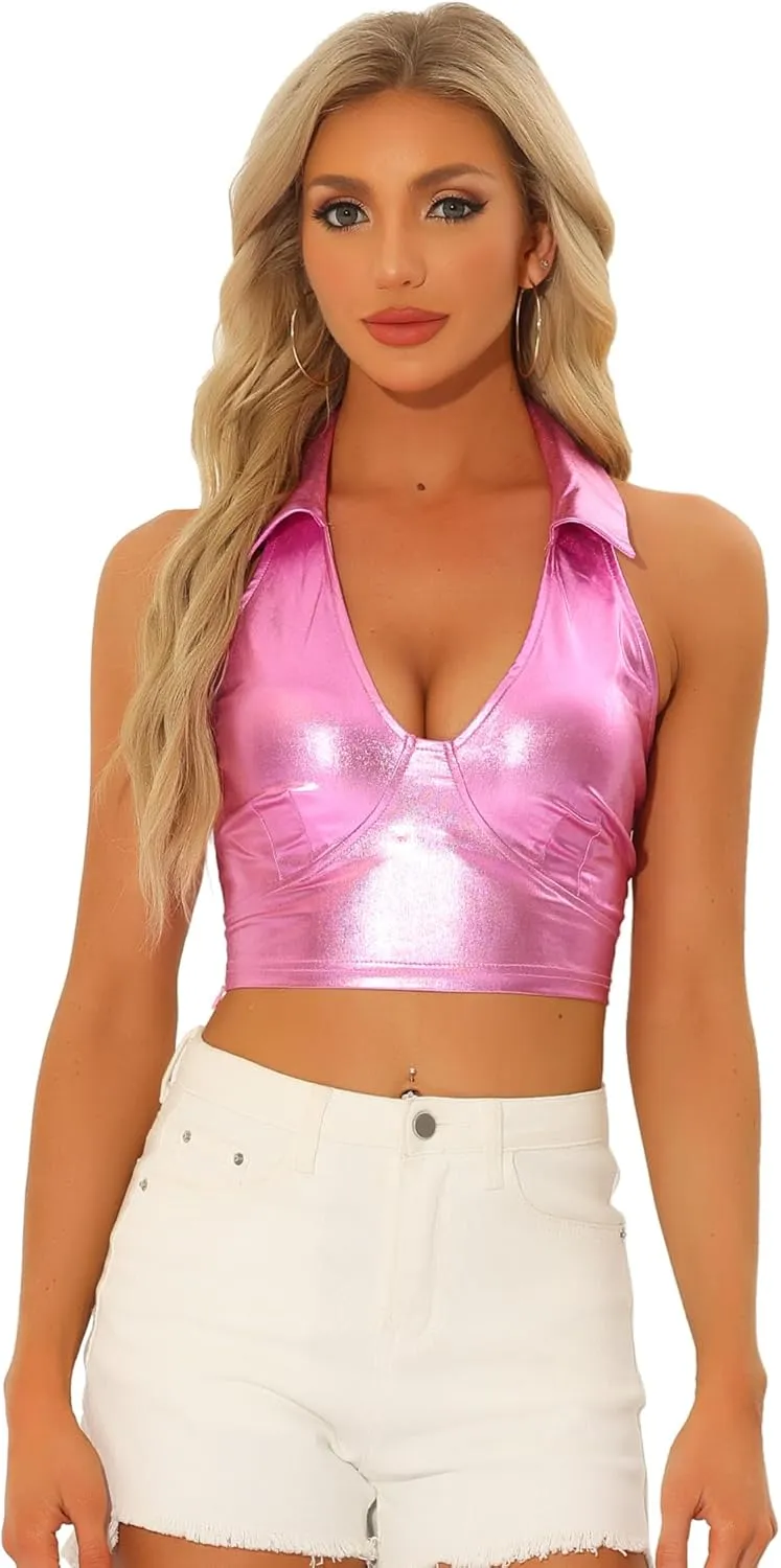 Allegra K Metallic Crop Top for Women's 2023 Halloween Shiny Club Party Halter Rave Sparkle Chrome Holographic Tops