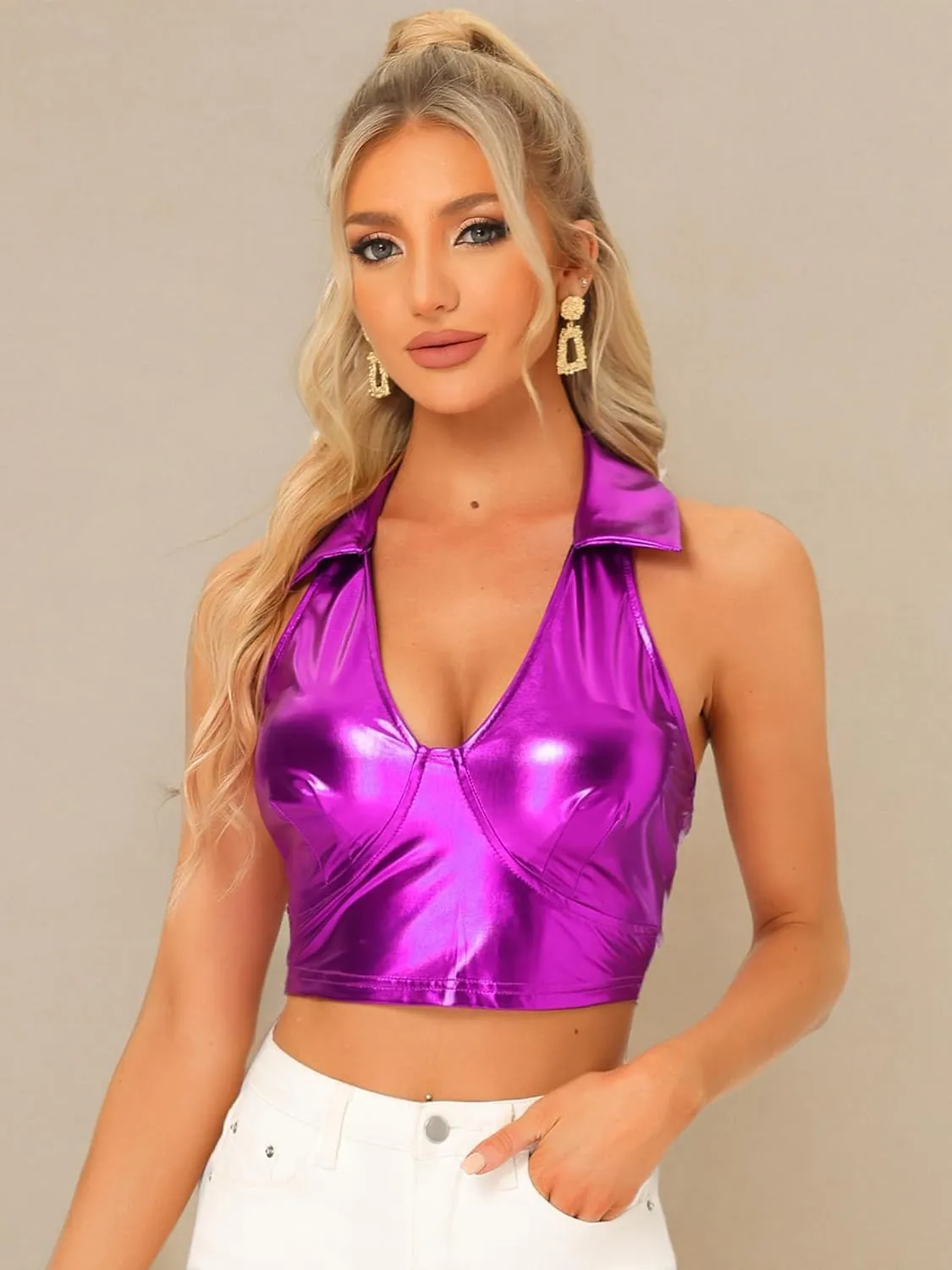 Allegra K Metallic Crop Top for Women's 2023 Halloween Shiny Club Party Halter Rave Sparkle Chrome Holographic Tops
