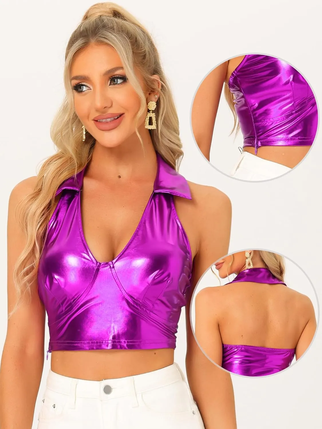 Allegra K Metallic Crop Top for Women's 2023 Halloween Shiny Club Party Halter Rave Sparkle Chrome Holographic Tops
