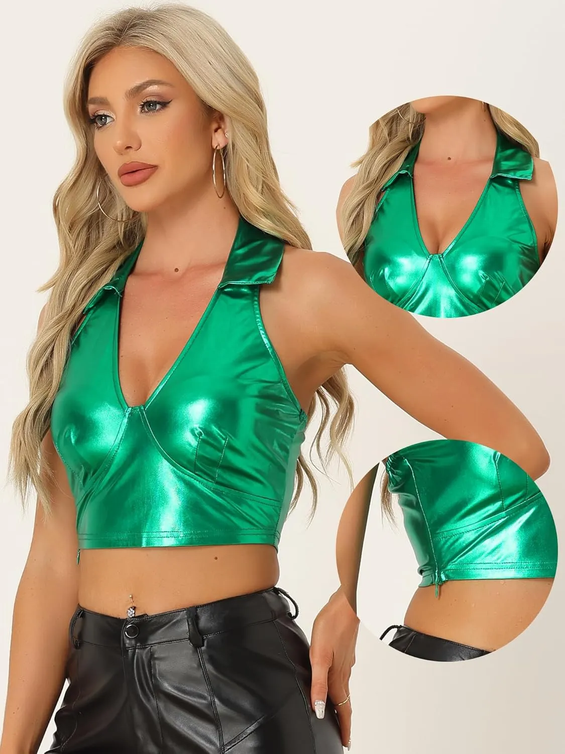 Allegra K Metallic Crop Top for Women's 2023 Halloween Shiny Club Party Halter Rave Sparkle Chrome Holographic Tops