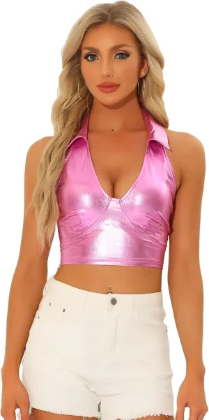 Allegra K Metallic Crop Top for Women's 2023 Halloween Shiny Club Party Halter Rave Sparkle Chrome Holographic Tops