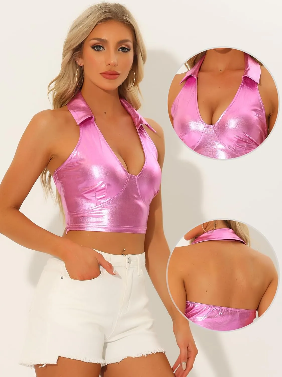 Allegra K Metallic Crop Top for Women's 2023 Halloween Shiny Club Party Halter Rave Sparkle Chrome Holographic Tops