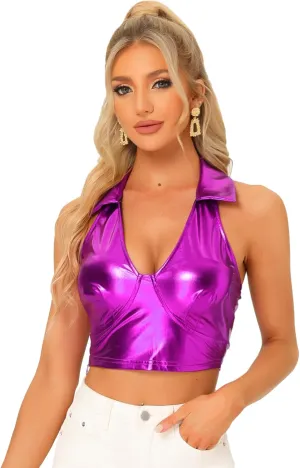 Allegra K Metallic Crop Top for Women's 2023 Halloween Shiny Club Party Halter Rave Sparkle Chrome Holographic Tops