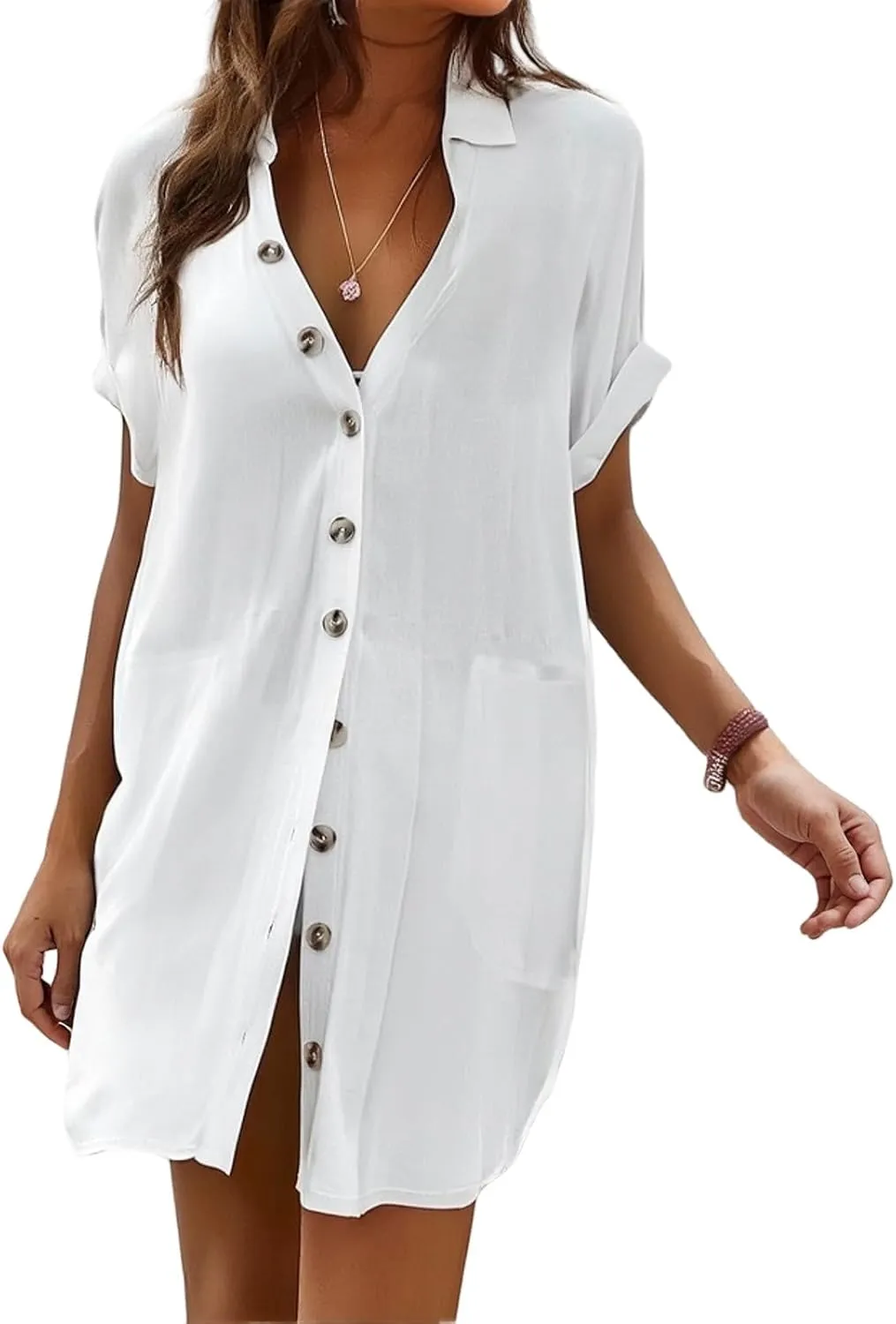 Beach Cover Ups for Women Summer Button Front Dress Casual Beach Vacation Swimsuit Short Sleeve V Neck Shirt Dress