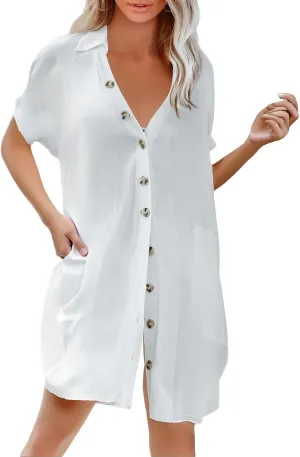 Beach Cover Ups for Women Summer Button Front Dress Casual Beach Vacation Swimsuit Short Sleeve V Neck Shirt Dress