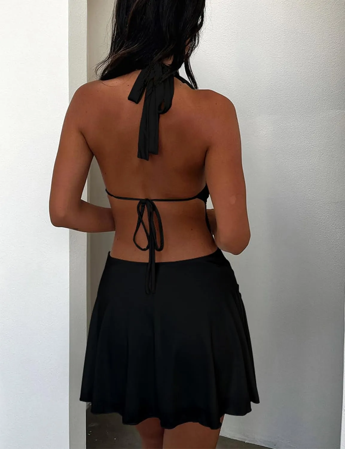 BEAGIMEG Women's Sexy Sleeveless Halter Backless Deep V Party Cocktail Club Mini Dress
