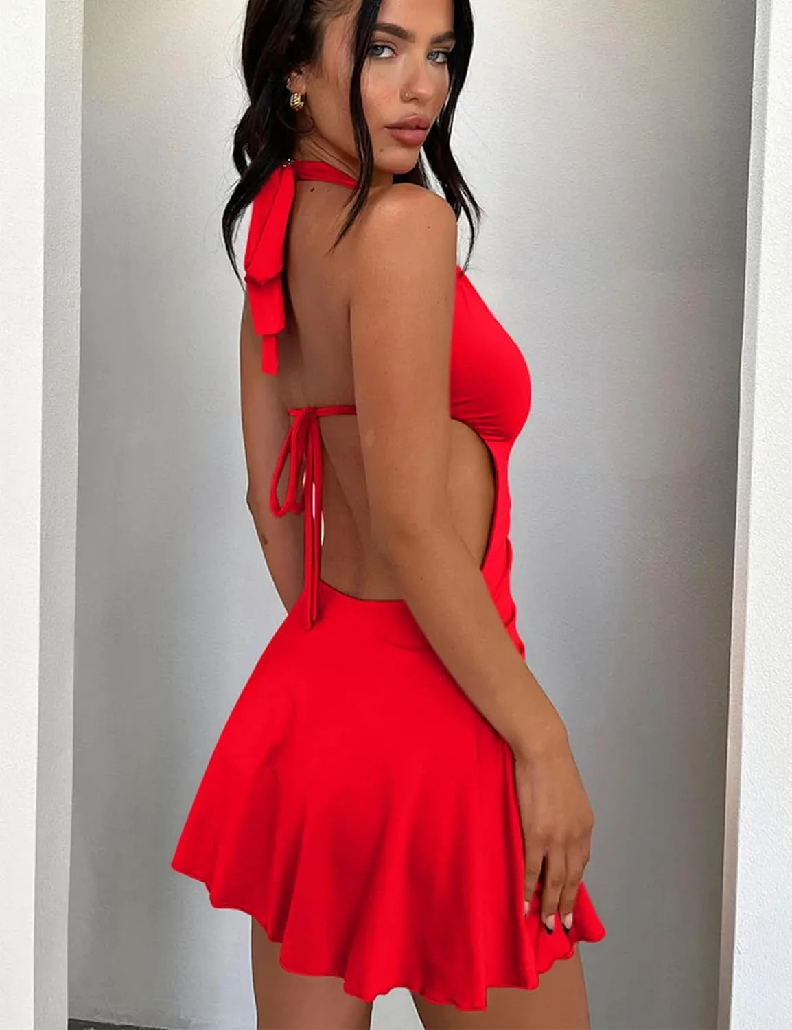 BEAGIMEG Women's Sexy Sleeveless Halter Backless Deep V Party Cocktail Club Mini Dress