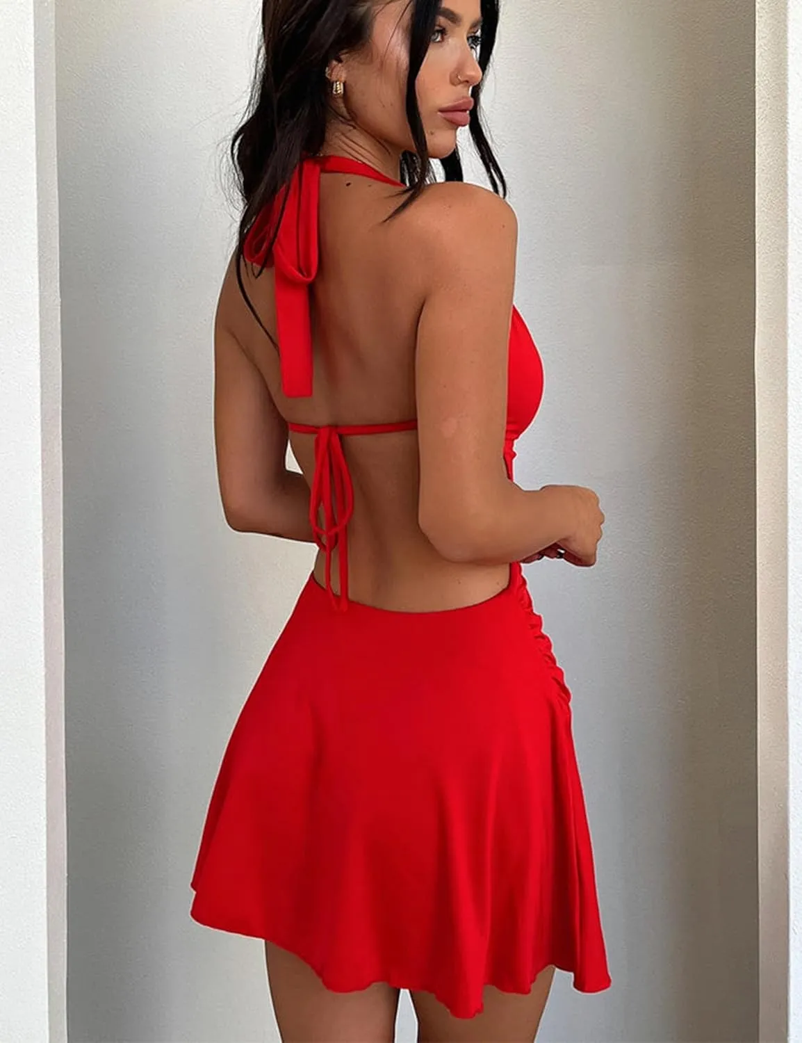BEAGIMEG Women's Sexy Sleeveless Halter Backless Deep V Party Cocktail Club Mini Dress