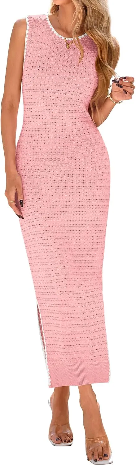 BTFBM Womens Knit Bodycon Midi Dress Casual Sleeveless See Through Cover Up Dresses Crew Neck Slit Tank Summer Dresses