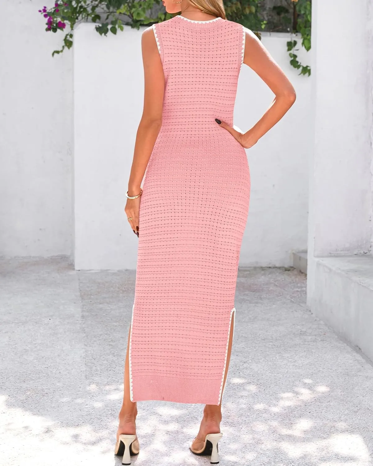 BTFBM Womens Knit Bodycon Midi Dress Casual Sleeveless See Through Cover Up Dresses Crew Neck Slit Tank Summer Dresses
