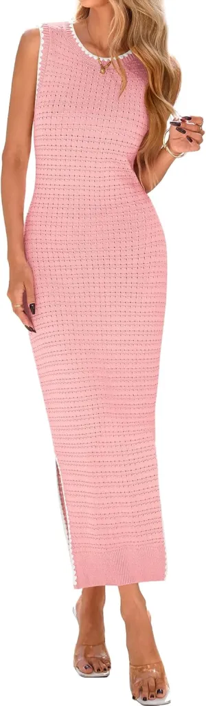 BTFBM Womens Knit Bodycon Midi Dress Casual Sleeveless See Through Cover Up Dresses Crew Neck Slit Tank Summer Dresses