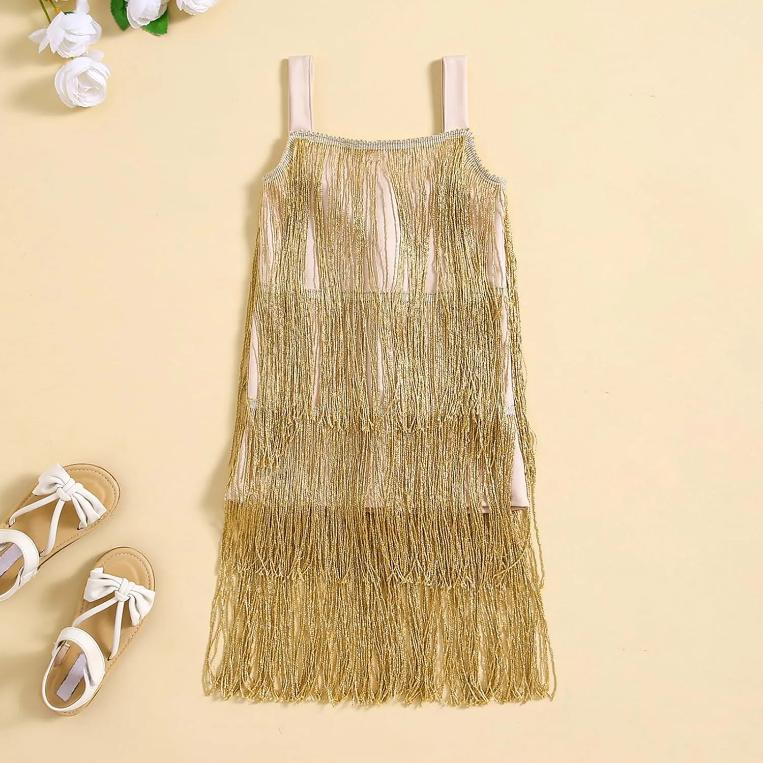BULINGNA Little Kids Girls Sequin Fringe Layer Dress Sparkling Tassel Sleeveless Dress Zip Back Summer Party Latin Dress