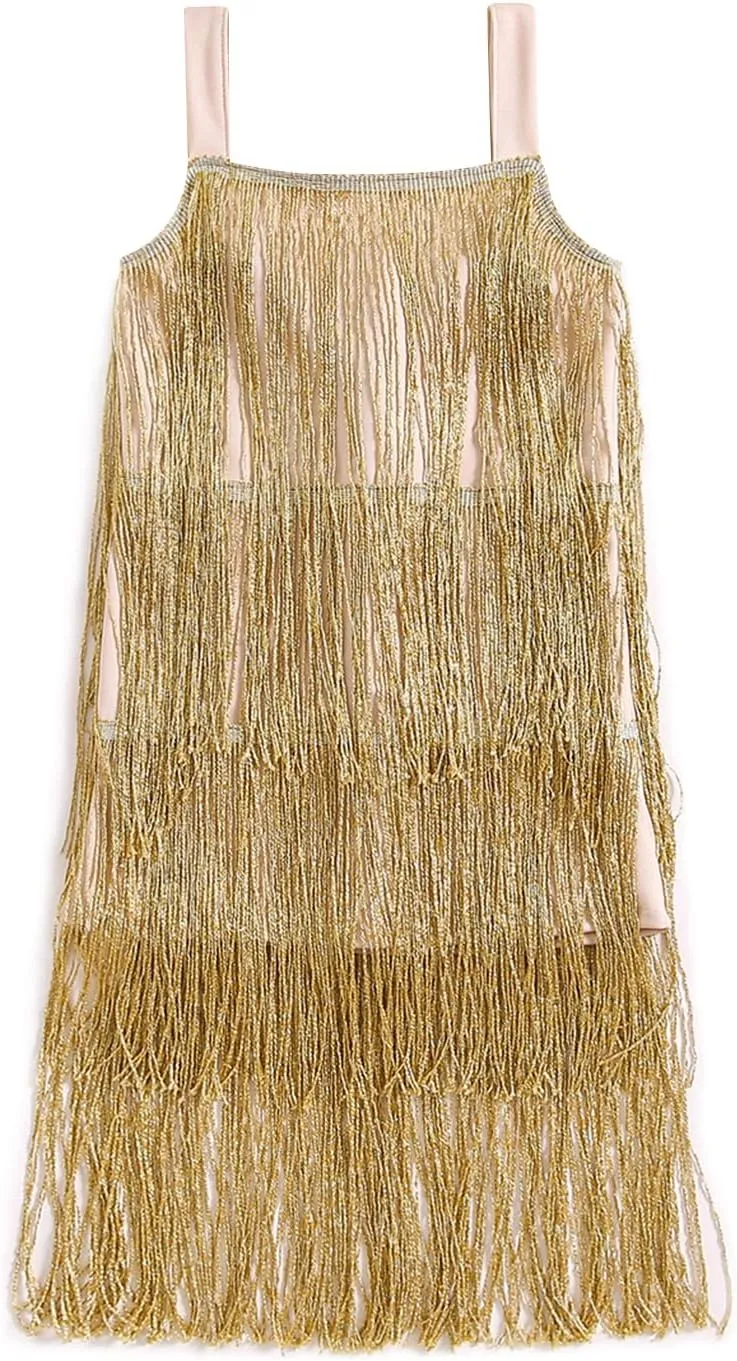 BULINGNA Little Kids Girls Sequin Fringe Layer Dress Sparkling Tassel Sleeveless Dress Zip Back Summer Party Latin Dress