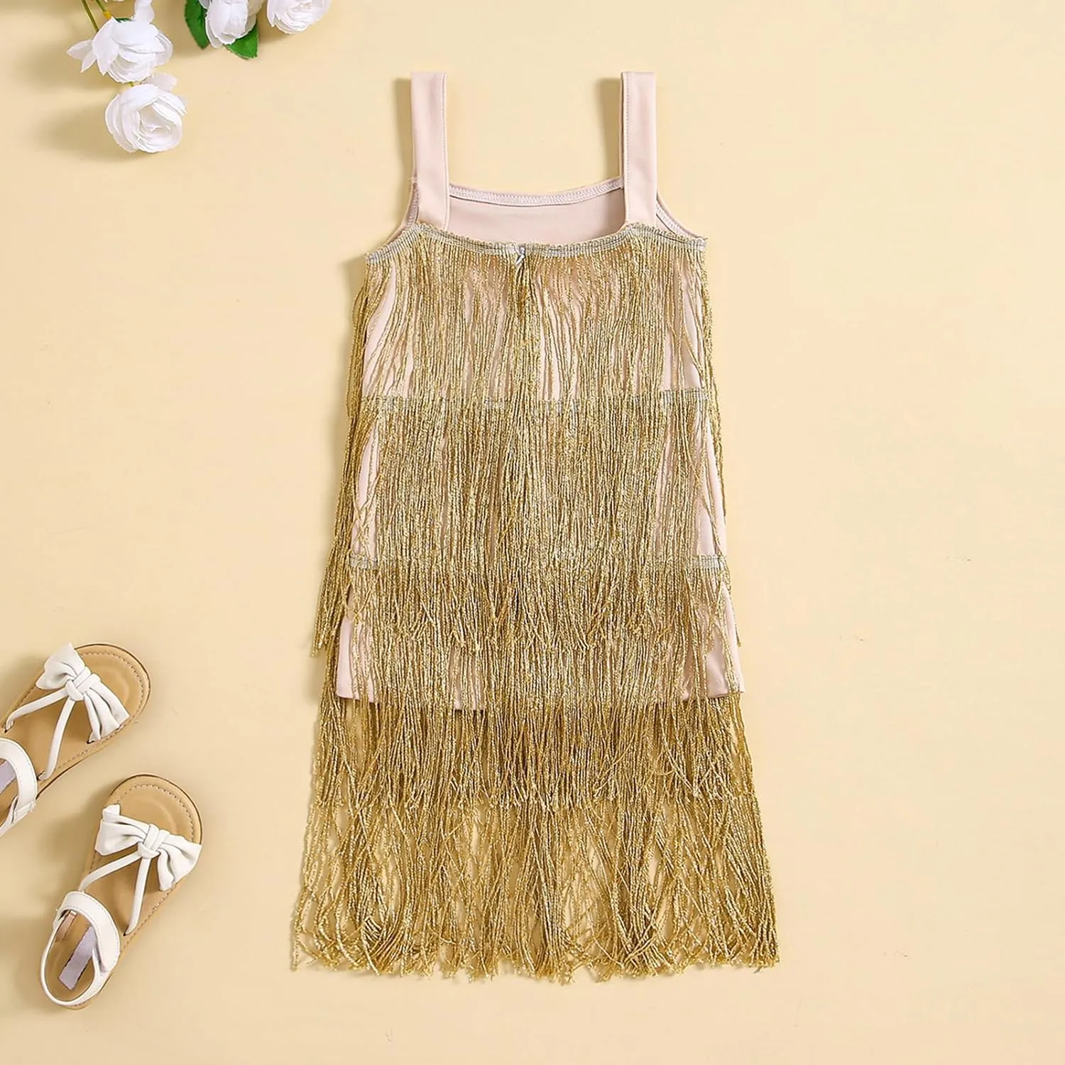 BULINGNA Little Kids Girls Sequin Fringe Layer Dress Sparkling Tassel Sleeveless Dress Zip Back Summer Party Latin Dress