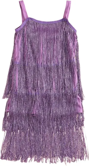 BULINGNA Little Kids Girls Sequin Fringe Layer Dress Sparkling Tassel Sleeveless Dress Zip Back Summer Party Latin Dress