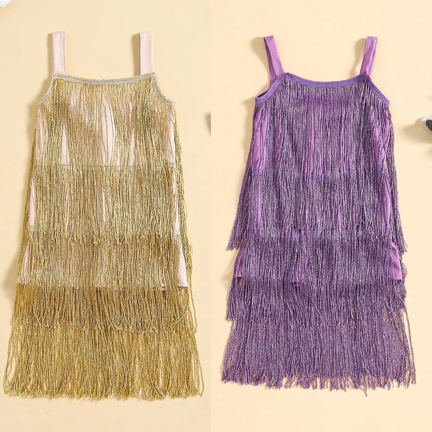 BULINGNA Little Kids Girls Sequin Fringe Layer Dress Sparkling Tassel Sleeveless Dress Zip Back Summer Party Latin Dress
