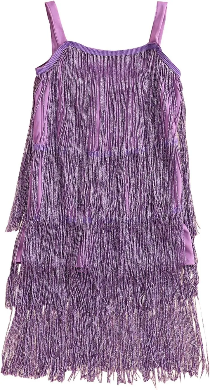 BULINGNA Little Kids Girls Sequin Fringe Layer Dress Sparkling Tassel Sleeveless Dress Zip Back Summer Party Latin Dress