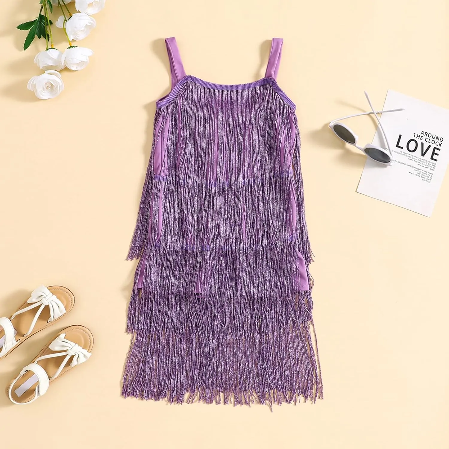 BULINGNA Little Kids Girls Sequin Fringe Layer Dress Sparkling Tassel Sleeveless Dress Zip Back Summer Party Latin Dress