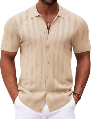 COOFANDY Men's Knit Polo Shirt Vintage Button Down Shirt Short Sleeve Hawaiian Shirt 2025 Summer Fashion Beach Shirts
