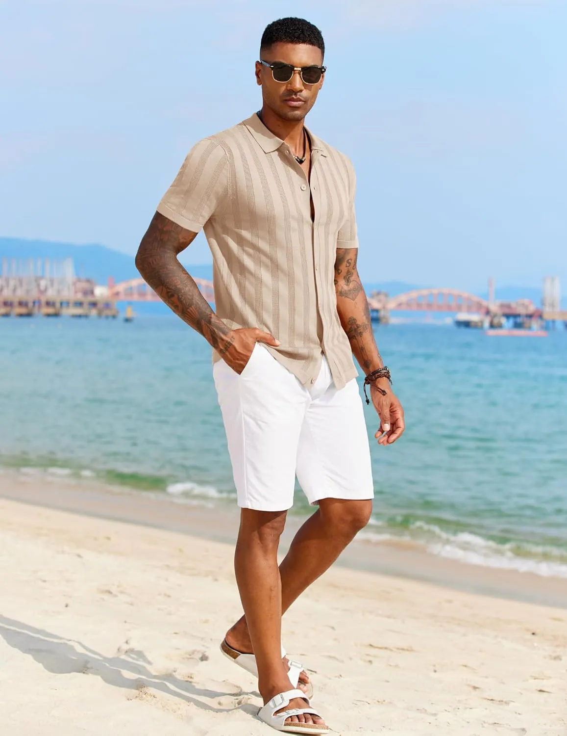 COOFANDY Men's Knit Polo Shirt Vintage Button Down Shirt Short Sleeve Hawaiian Shirt 2025 Summer Fashion Beach Shirts