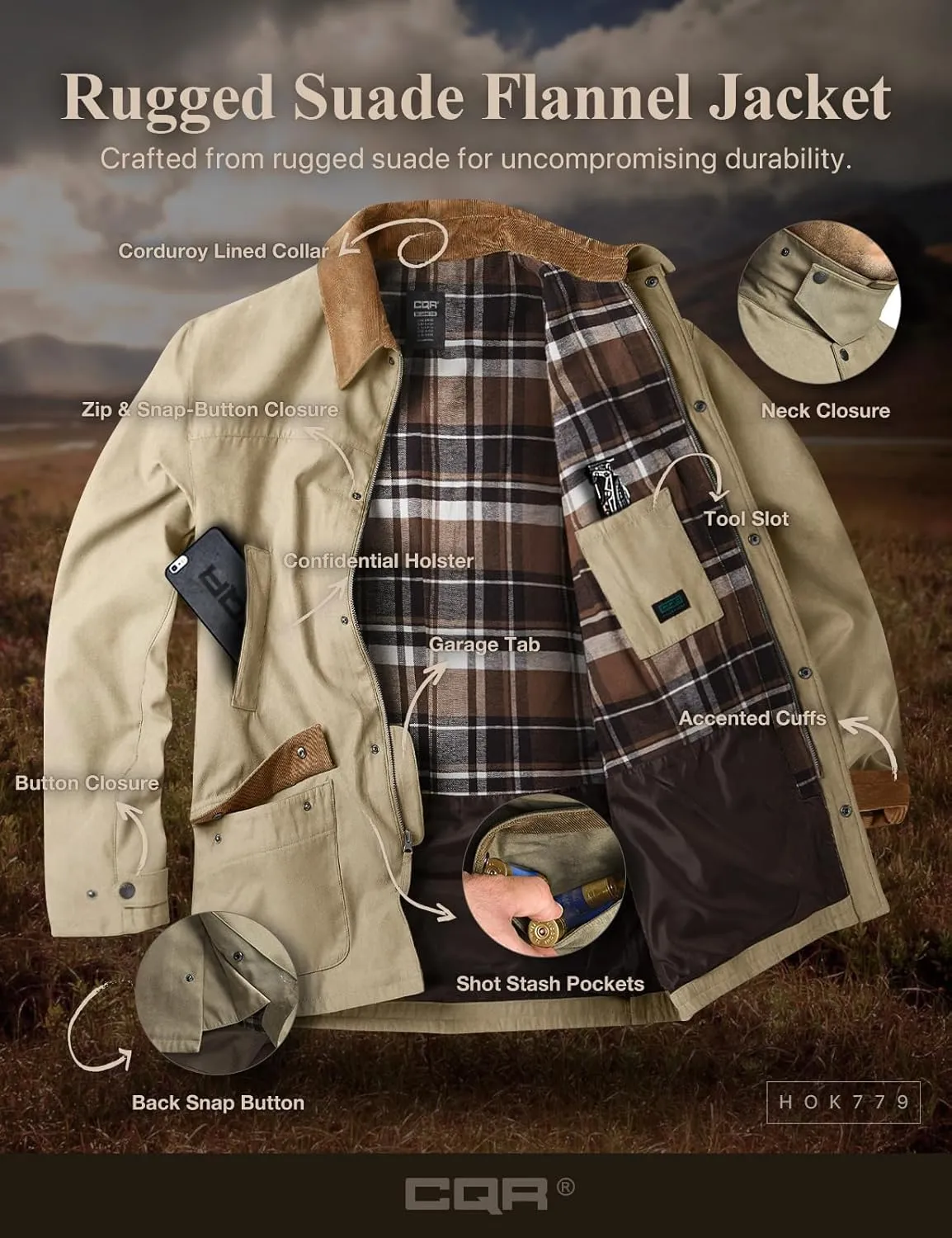 CQR Men's Flannel Lined Shirt Jackets, Long Sleeved Rugged Plaid Cotton Brushed Suede Shirt Jacket