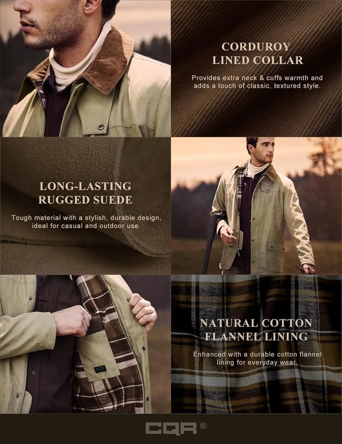 CQR Men's Flannel Lined Shirt Jackets, Long Sleeved Rugged Plaid Cotton Brushed Suede Shirt Jacket