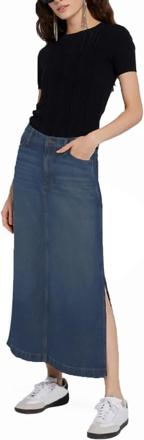 Denim Skirt for Women Midi Jeans Skirt A Line Slit Below The Knee Long Skirt