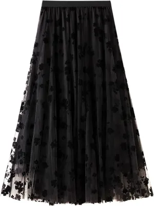 Dirholl Women's A-Line Fairy Patterned Elastic Waist Ruffle Mesh Layered Midi Skirt