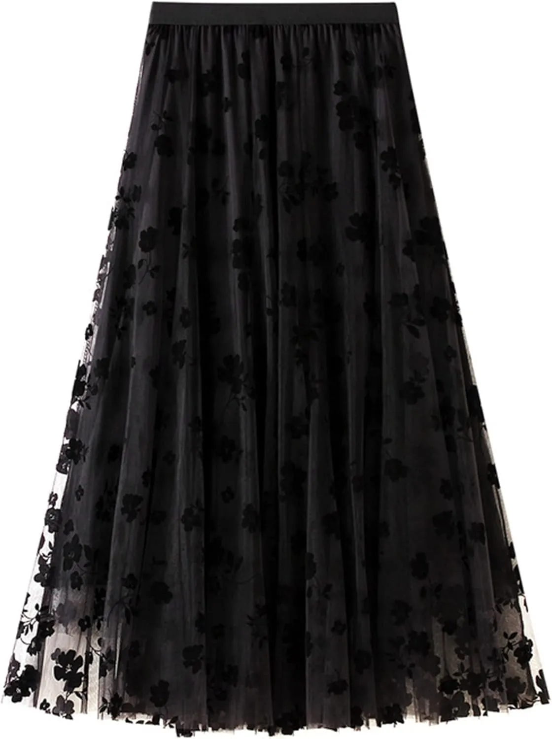 Dirholl Women's A-Line Fairy Patterned Elastic Waist Ruffle Mesh Layered Midi Skirt
