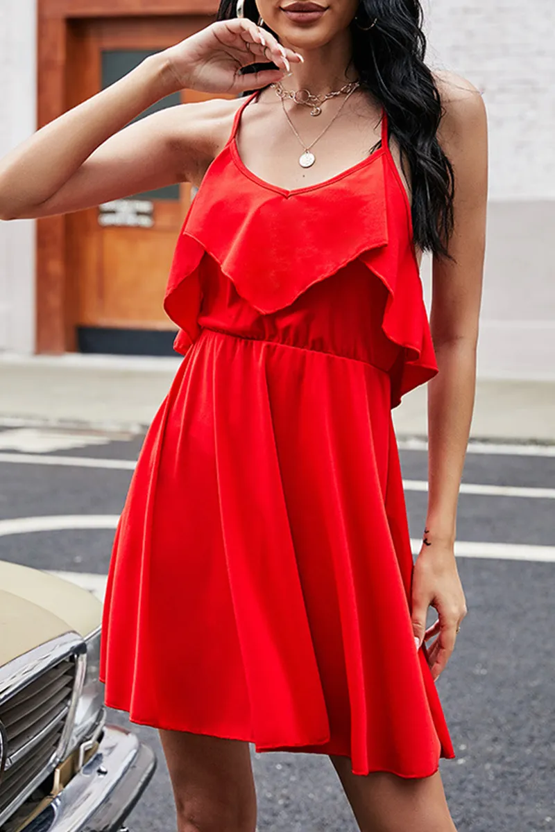 Dunnmall Fashion Solid Frenulum Backless V Neck A Line Dresses