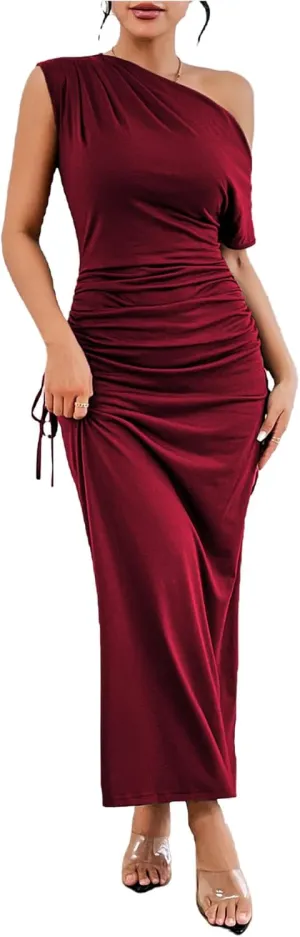 Floerns Women's Asymmetrical Neck Short Sleeve Ruched Fishtail Hem Party Long Dress