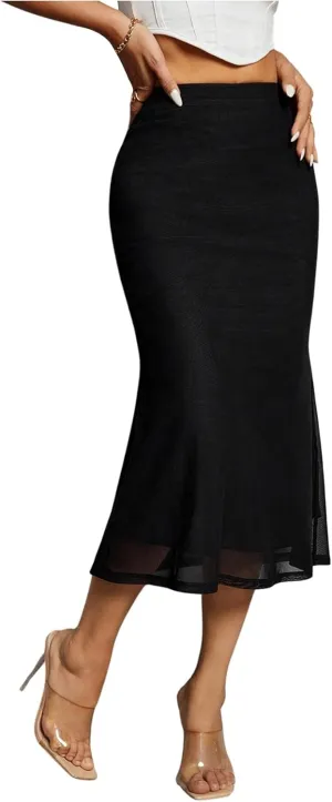 Floerns Women's Solid High Waist Midi Skirt Mesh Fishtail Hem Pencil Skirt