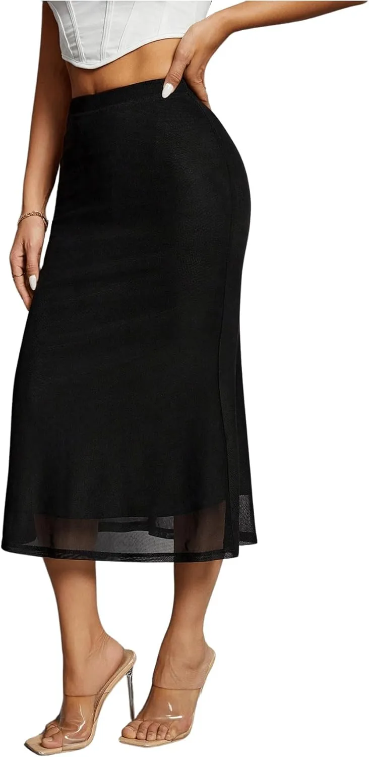 Floerns Women's Solid High Waist Midi Skirt Mesh Fishtail Hem Pencil Skirt