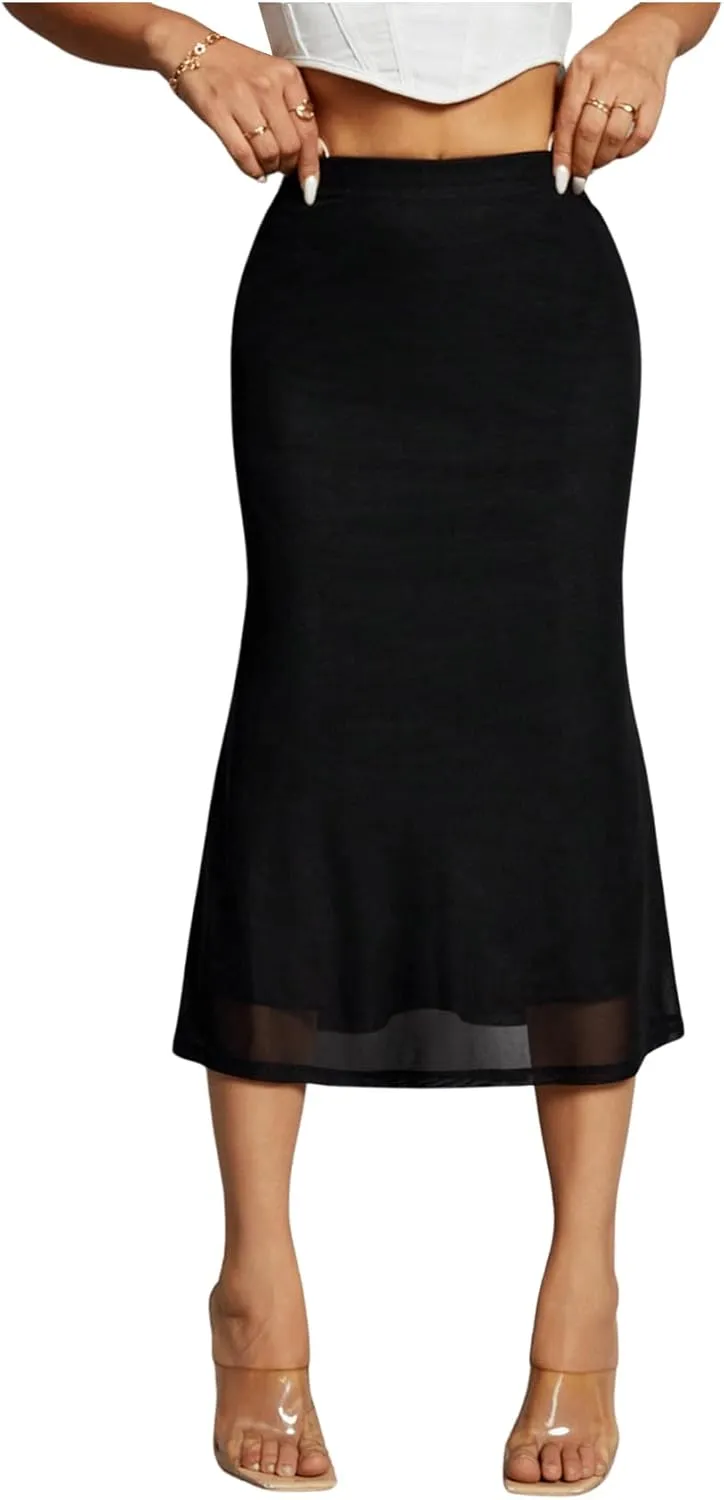Floerns Women's Solid High Waist Midi Skirt Mesh Fishtail Hem Pencil Skirt