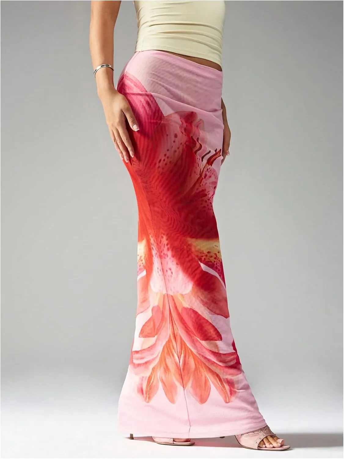Floerns Women's Summer Floral Skirt Low Waist Fishtail Hem Beach Maxi Skirts