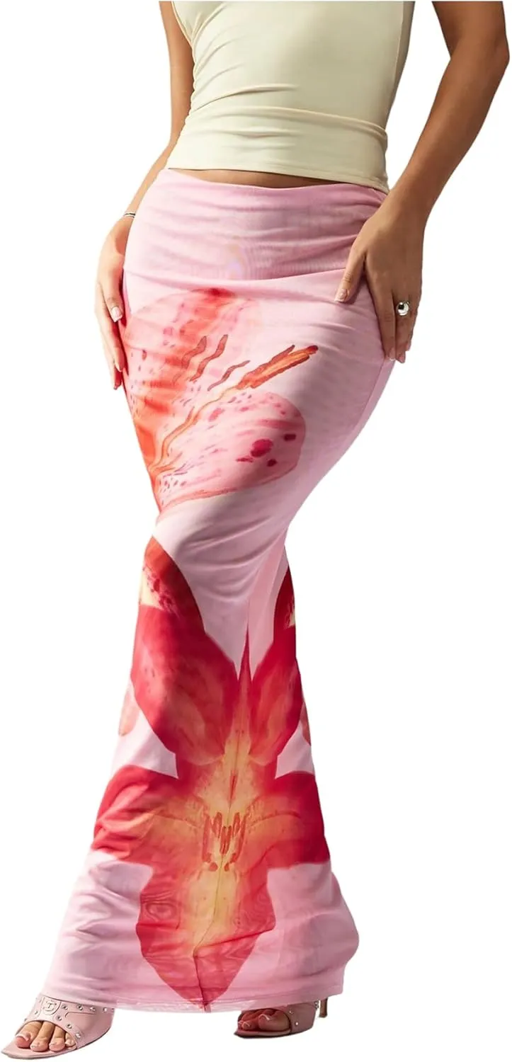 Floerns Women's Summer Floral Skirt Low Waist Fishtail Hem Beach Maxi Skirts