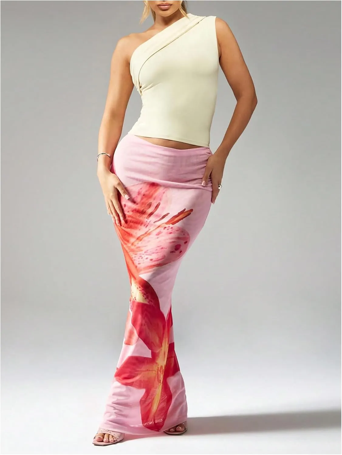 Floerns Women's Summer Floral Skirt Low Waist Fishtail Hem Beach Maxi Skirts
