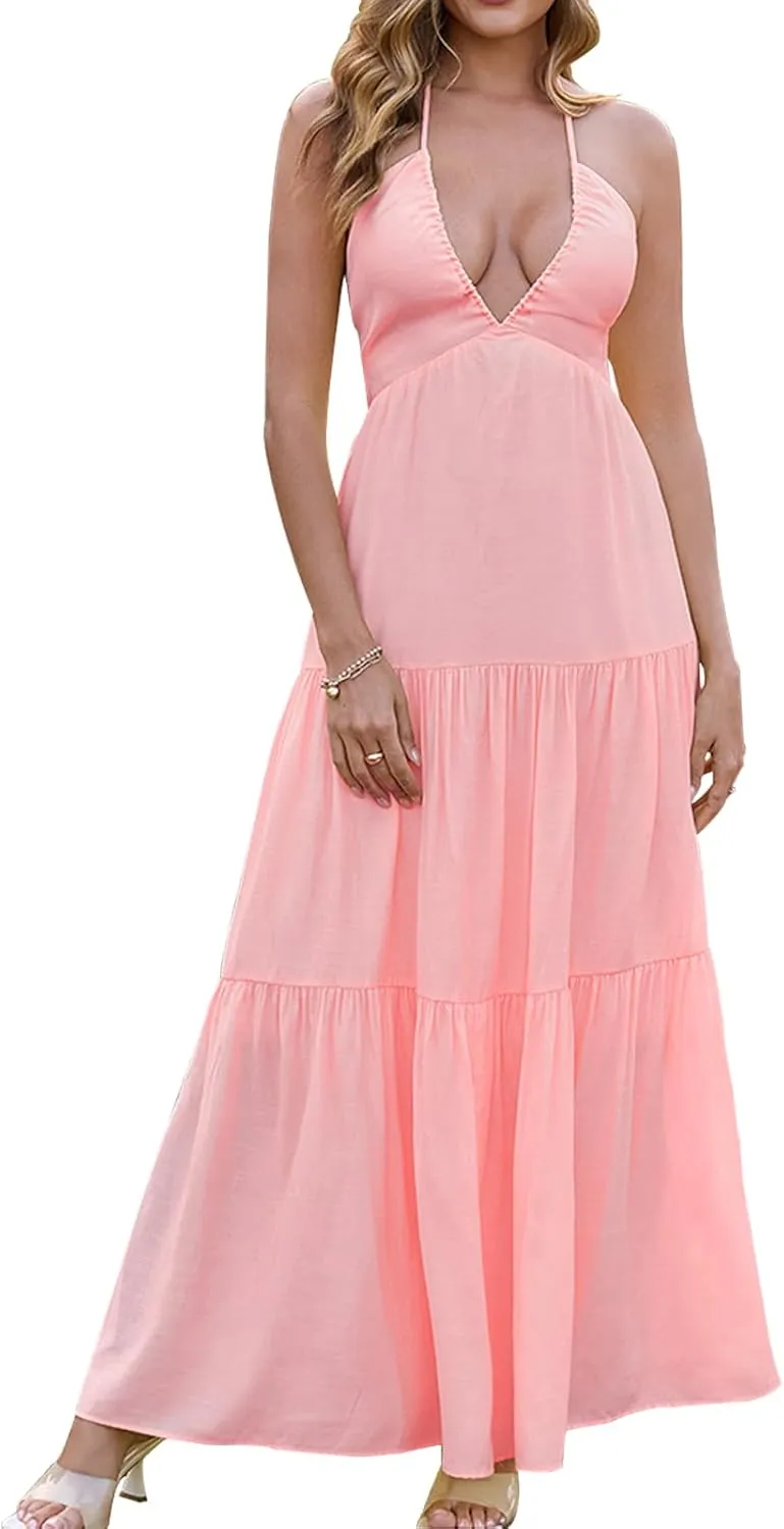 GLNEGE Summer Maxi Beach Dress Boho Halter V Neck Backless Bow Dresses Flowy Trendy Ruffle Sundress for Women 2025