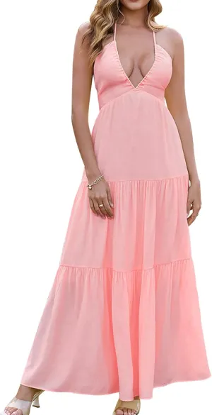 GLNEGE Summer Maxi Beach Dress Boho Halter V Neck Backless Bow Dresses Flowy Trendy Ruffle Sundress for Women 2025