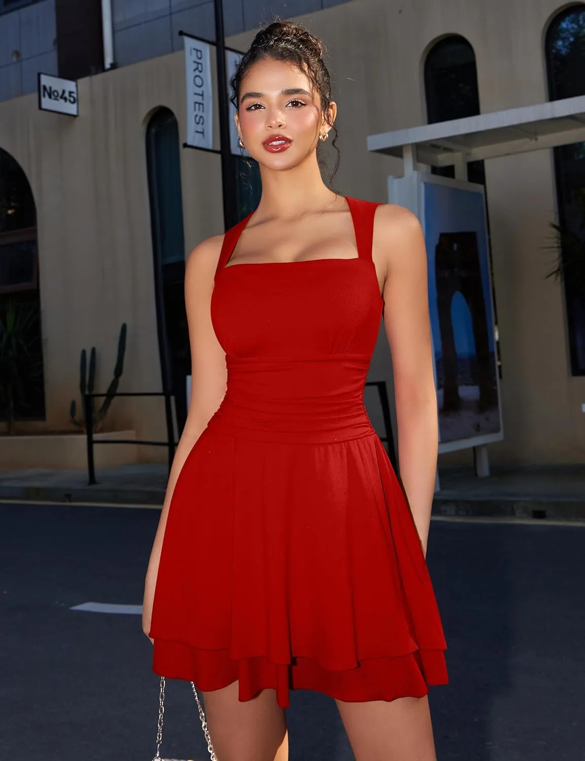 GOKATOSAU Women's Square Neck Sleeveless Bodycon Ruched Waist Flowy A-Line Ruffle Hem Mini Dress