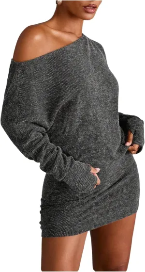 GORGLITTER Women's Off The Shoulder Sweater Dress Long Sleeve Asymmetrical Bodycon Mini Dresses