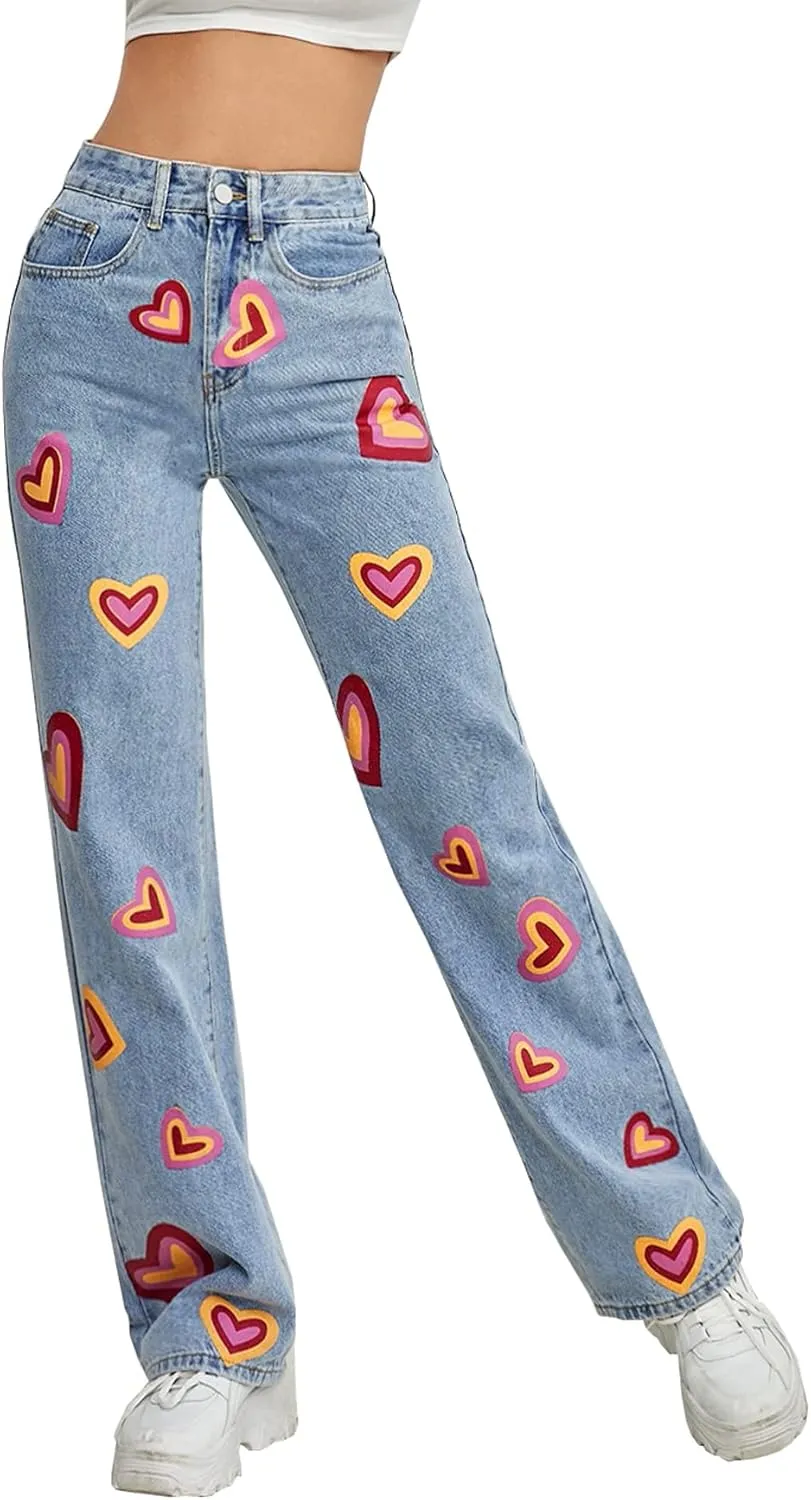 Heart Print Jeans for Women Fashion Wide Leg High Waist Denim Pants Boyfriend Jeans Loose Fit Vintage Jeans for Teen Girls