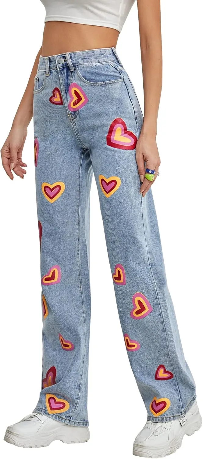 Heart Print Jeans for Women Fashion Wide Leg High Waist Denim Pants Boyfriend Jeans Loose Fit Vintage Jeans for Teen Girls