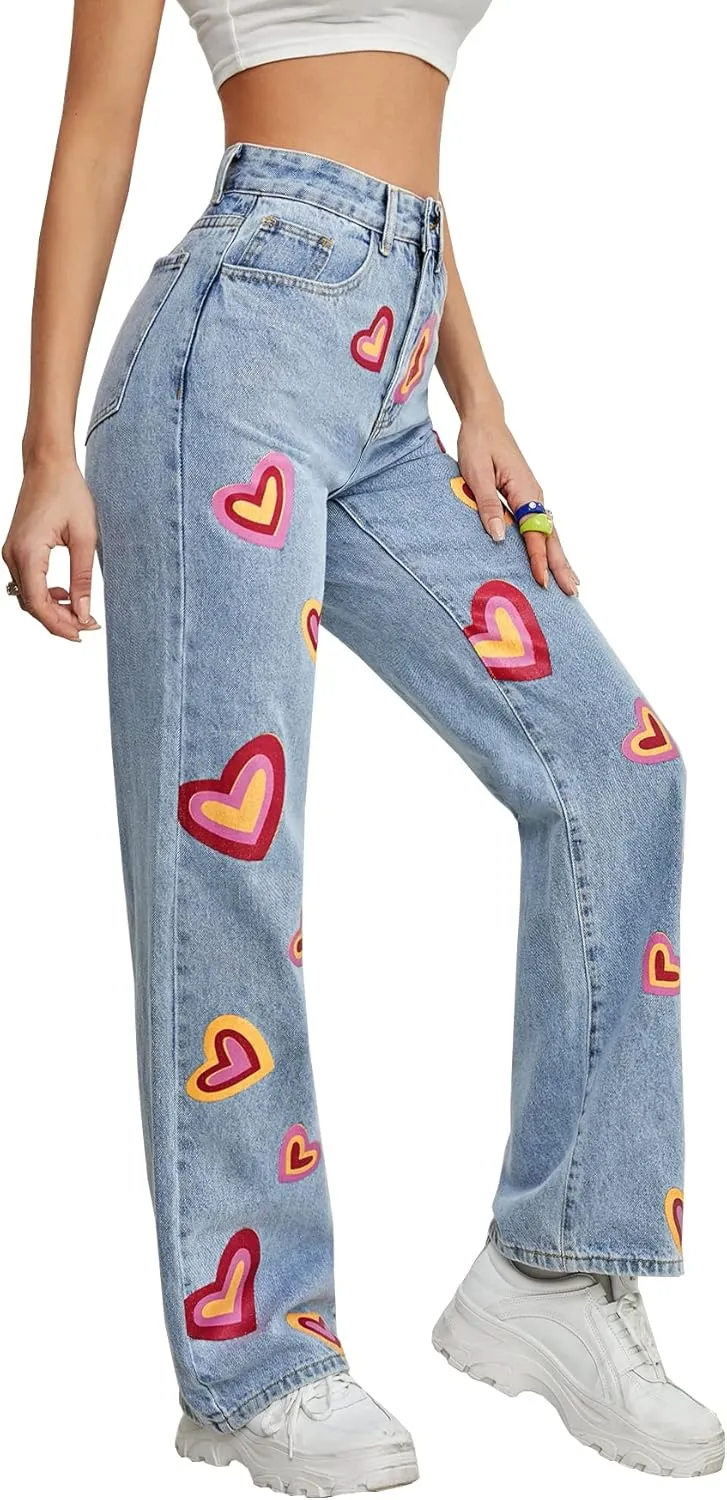 Heart Print Jeans for Women Fashion Wide Leg High Waist Denim Pants Boyfriend Jeans Loose Fit Vintage Jeans for Teen Girls