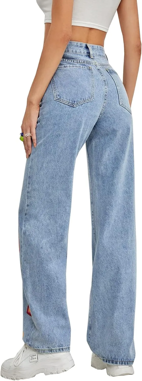 Heart Print Jeans for Women Fashion Wide Leg High Waist Denim Pants Boyfriend Jeans Loose Fit Vintage Jeans for Teen Girls