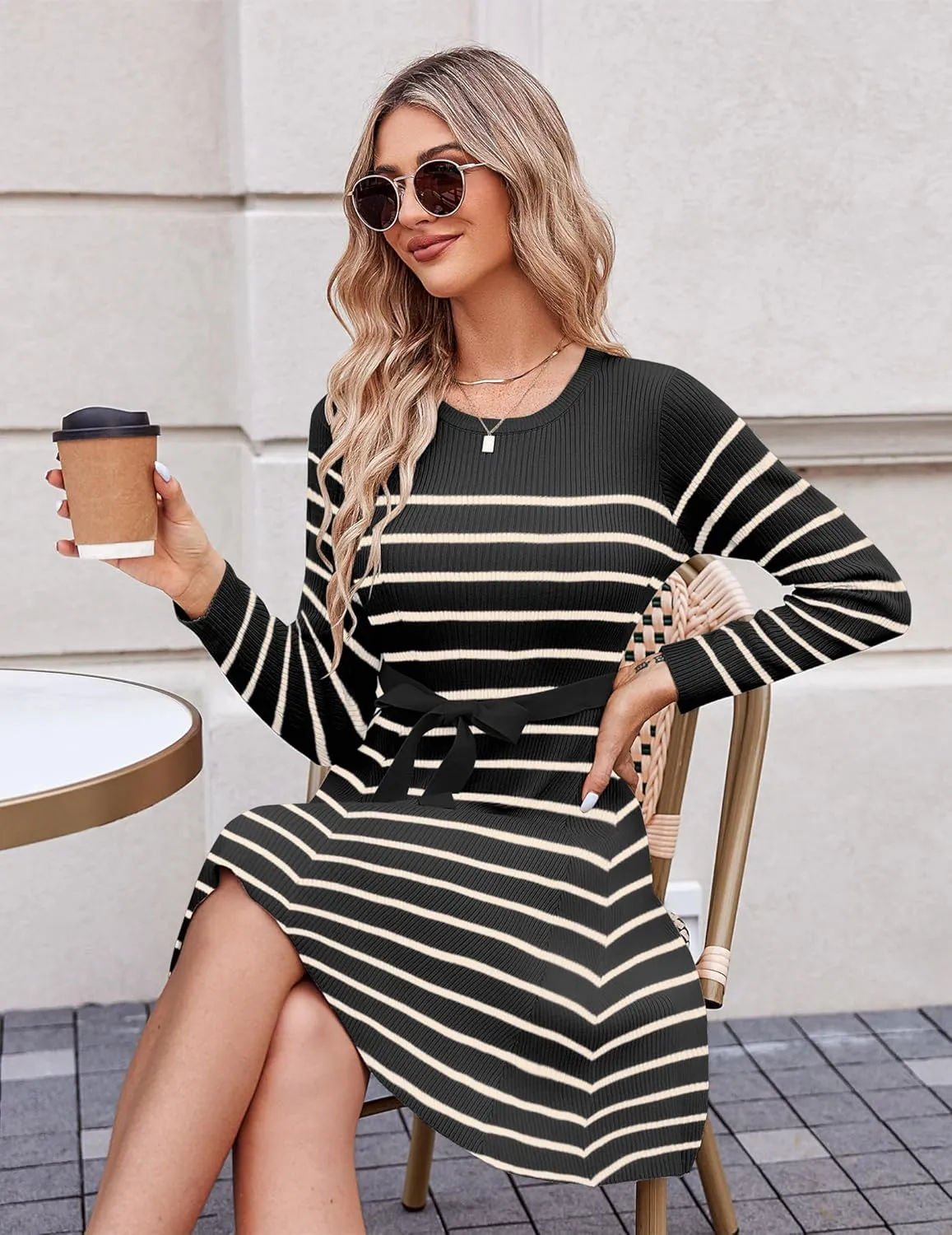 HOTOUCH Women's Fall Winter Casual Dress Crewneck Long Sleeve A-Line Sweater Dress Bodycon Ribbed Knit Dress with Belt