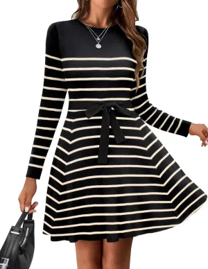 HOTOUCH Women's Fall Winter Casual Dress Crewneck Long Sleeve A-Line Sweater Dress Bodycon Ribbed Knit Dress with Belt